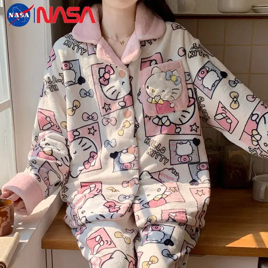 Kawaii Hello Kitty Coral Velvet Pajamas Set, Y2K Cartoon, Long-Sleeved Sanrio Tops, Cute Casual Warm Home Clothes Set, Hot