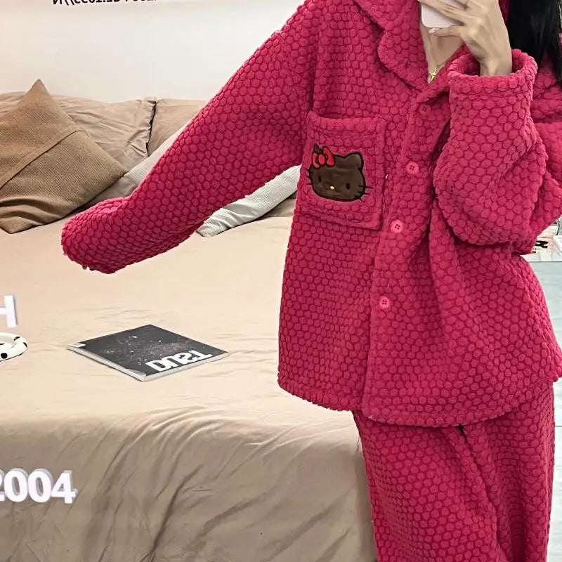 Kawaii Hello Kitty Coral Velvet Pajamas Long-Sleeved Top Y2K Girl Sweet Cotton Jacket Pajama Pants Cute Flannel Casual Home Wear