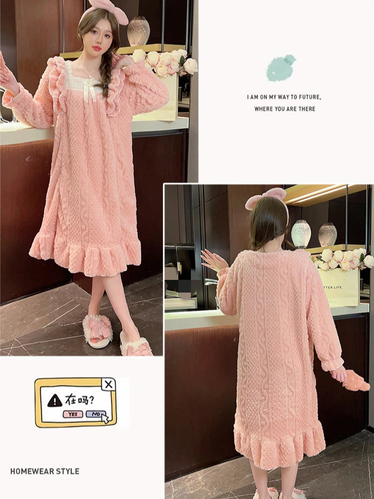 5XL Large SIze Winter Flannel Nightgown Women's  Plush Pajamas Sweet Princess Style Long-sleeved Midi Home Sleep Dress Outwear