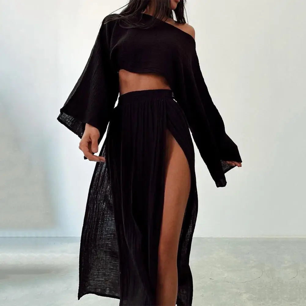 Women Crop Top Skirt Set Long Sleeve Slant Neck Short Top High Waist Split Skirt Beach Bikini Coverup Club Party Top Skirts Set