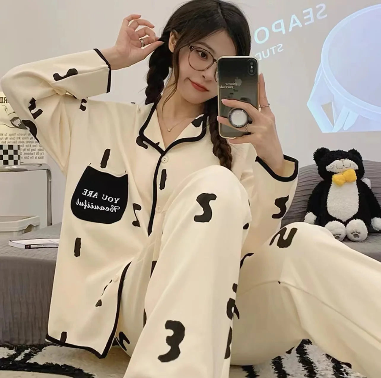 Kawaii Long-Sleeved Tops Pajamas Girl Sweet Hello Kitty Cute Pajama Pants Kuromi Casual Pants Pochacco Home Wear Set