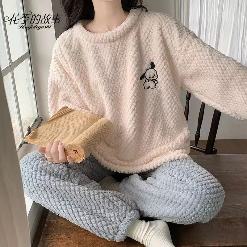 Hot Kawaii Pochacco Pajamas Pajamas Girls Tops Hello Kitty Round Neck Pullover Long Sleeve Trousers Sweet Warm Casual Home Wear