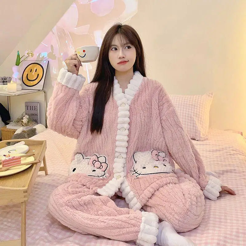 Hot Kawaii Hello Kitty Autumn Winter Coral Velvet Pajamas 2Pcs Set Thickened Pajamas Y2K Girl Cartoon Cute Casual Home Wear Set