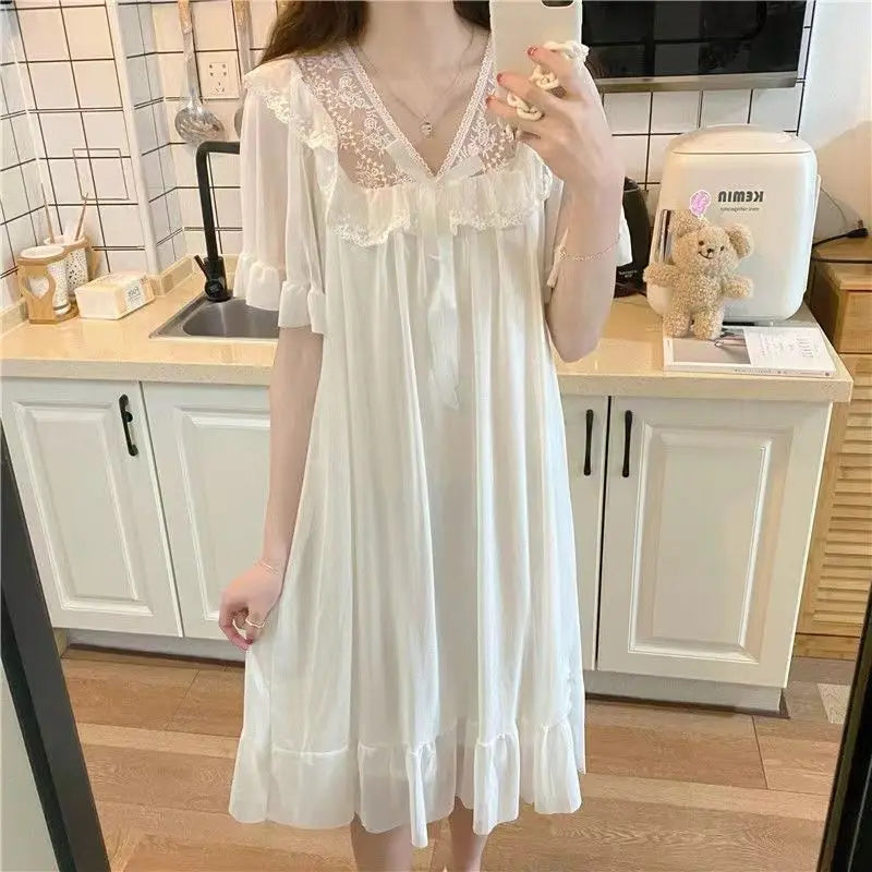 Sexy Lingerie Princess Style Woman Sweet Lace Sleepwear for Sleeping Loose Homewear Pijama White Night Dress Women Nightgowns