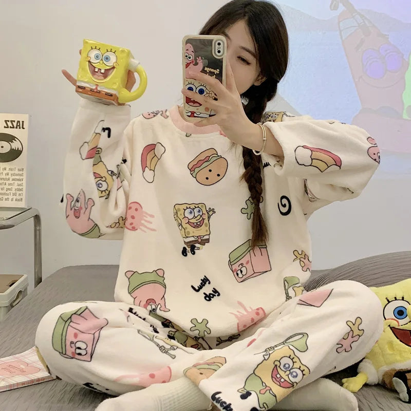 Hot Kawaii Hello Kitty Pajamas Long-Sleeved Tops Girls Cartoon Flannel Pajamas Sweet Cute Plush Casual Home Wear Set Trousers