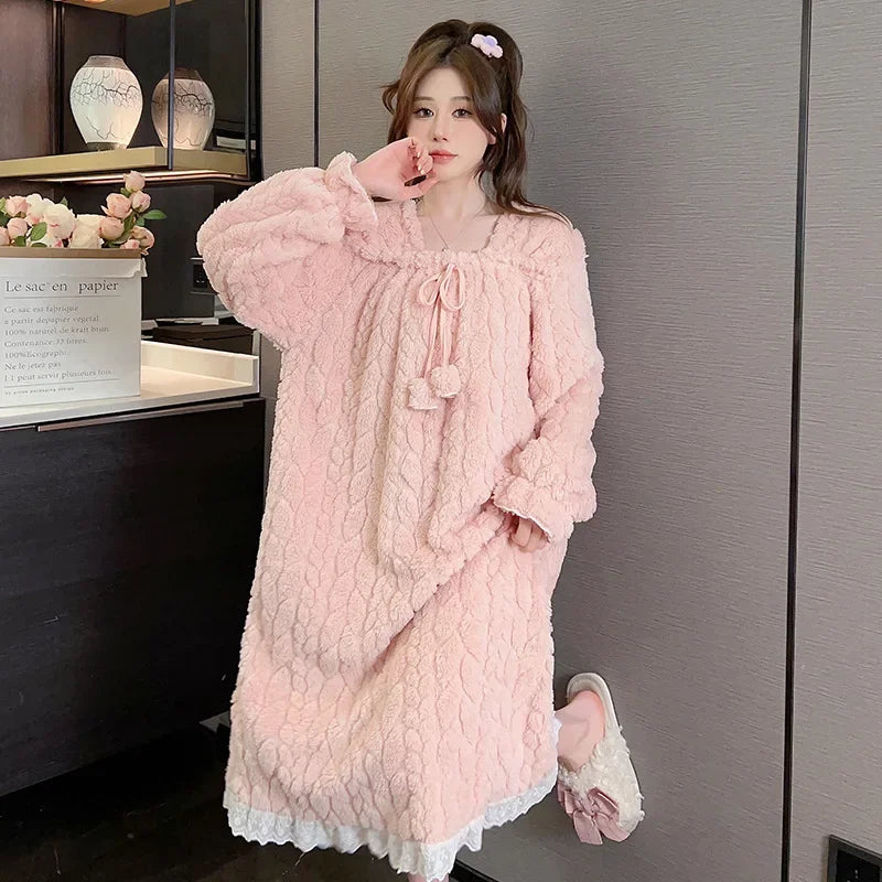 5XL Plus Size Women Winter Nightgown Sweet Coral Velvet Long Sleepwear Warm Home Clothes Fleece-Lined Thickened Robe Sleep Dress