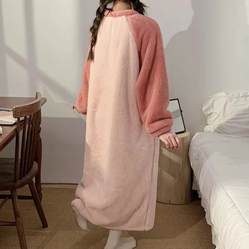 Large Size Coral Fleece Nightdress Women Winter Fleece-lined Thickened Pajamas Cartoon Flannel Home Clothe Can Be Worn Outsides