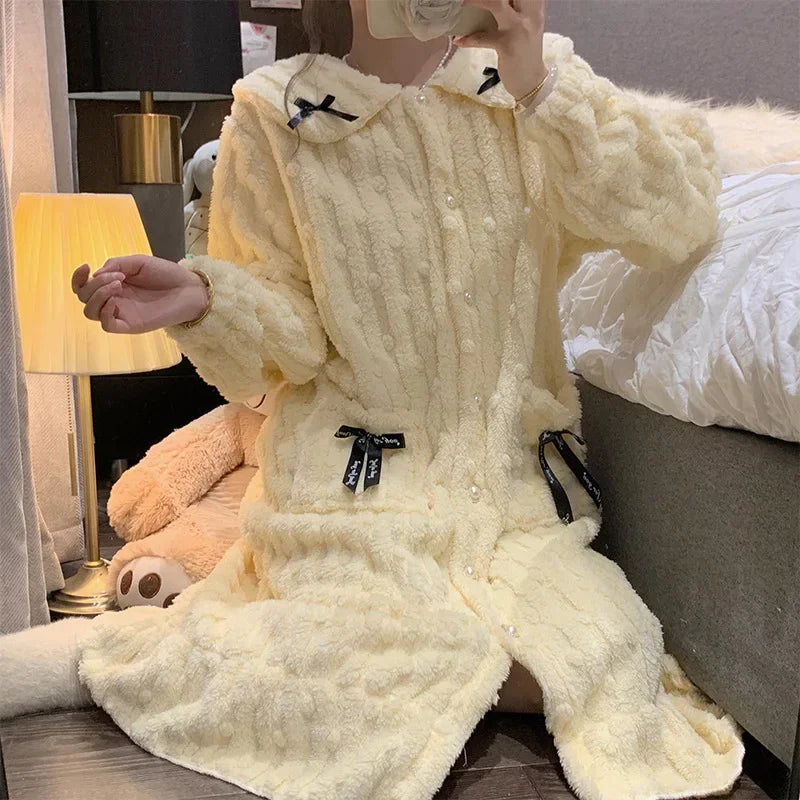 Plus Size Winter Warm Sleepwear Women Flannel Coral Fleece-Lined Robe  Long Sleeve Thickened Home Clothes Bow Cute Long Cardigan