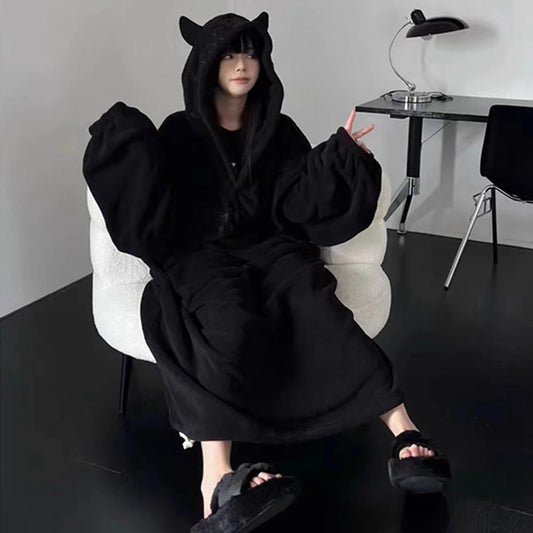 Thickened padded pajamas Solid color Homewear Loose oversized hooded Dresses Imp couple robe Fall and winter one-piece Sleepwear