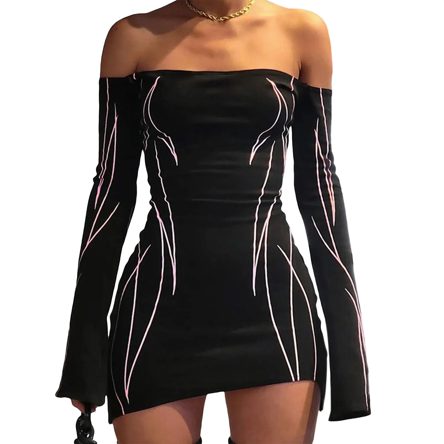 Women Y2K Off Shoulder Mini Dress Long Sleeve Bodycon Short Dress Fairy Going Out Dress Party Cocktail Clubwear