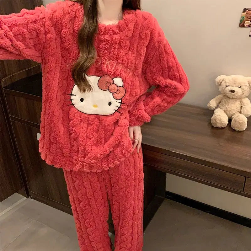 Hello Kitty Coral Velvet Pajamas Girls Long-Sleeved Tops Autumn Winter Velvet Thickened Pajamas Warm Student Pants Home Clothes