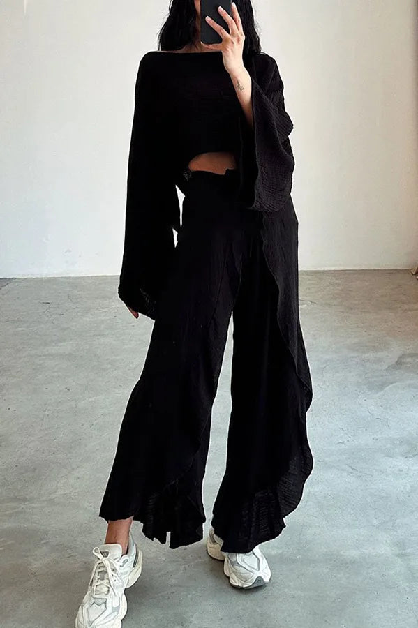 Spring Summer New Pants Sets Women Fashion Loose Cropped Top And Leace-up Slit Wide Leg Trousers Two Piece Set Trendy Streetwear