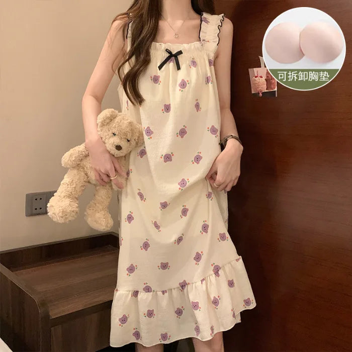 5XL Plus Size Suspender Chest Pad Nightdress Women Summer Thin Korea Style Sleeveless Vest Pajamas Long Nightgowns Soft Sleepwea