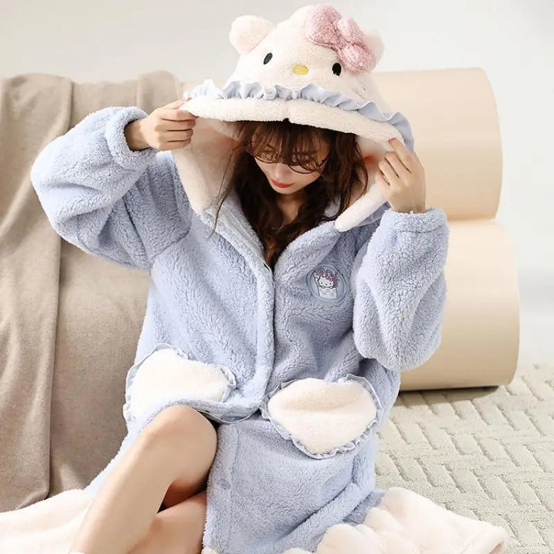 Kawaii Hello Kitty Hooded Pajamas Pajamas Girls Autumn Winter Long-Sleeved Tops Sanrio Thickened Bathrobe Casual Home Wear Set