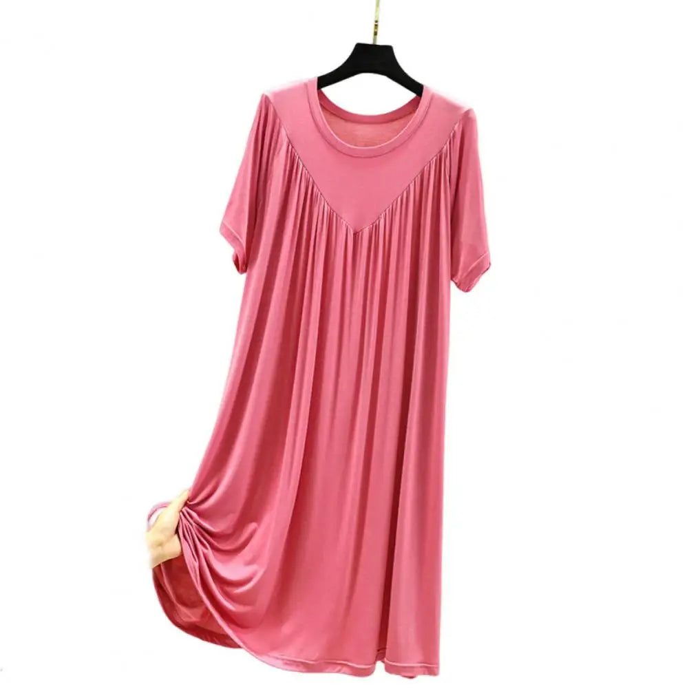 Women Night Dress Pleated Thin Short Sleeves Round Neck Loose Sleeping Solid Color Knee Length Sleepwear Home Dress Women