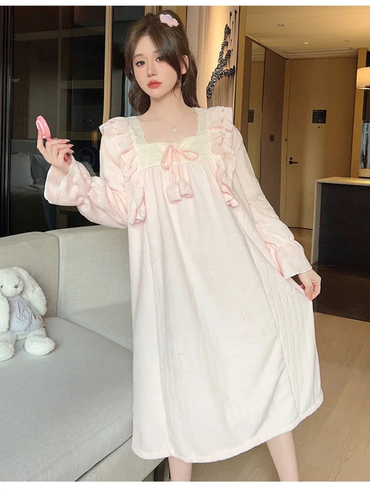 Winter Warm Sleepwear Princess Style Women's Flannel Nightgown Homewear Soft Coral Velvet Court Pajama Solid Loose Sleep Dress