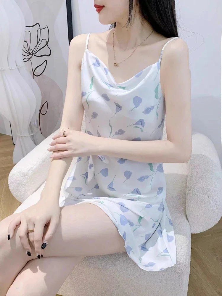 Spaghetti Strap Nightgowns Women Summer Print Sexy Sleepwear Breathable Daily Simple Ulzzang Fashion Soft Nighty for Ladies Chic