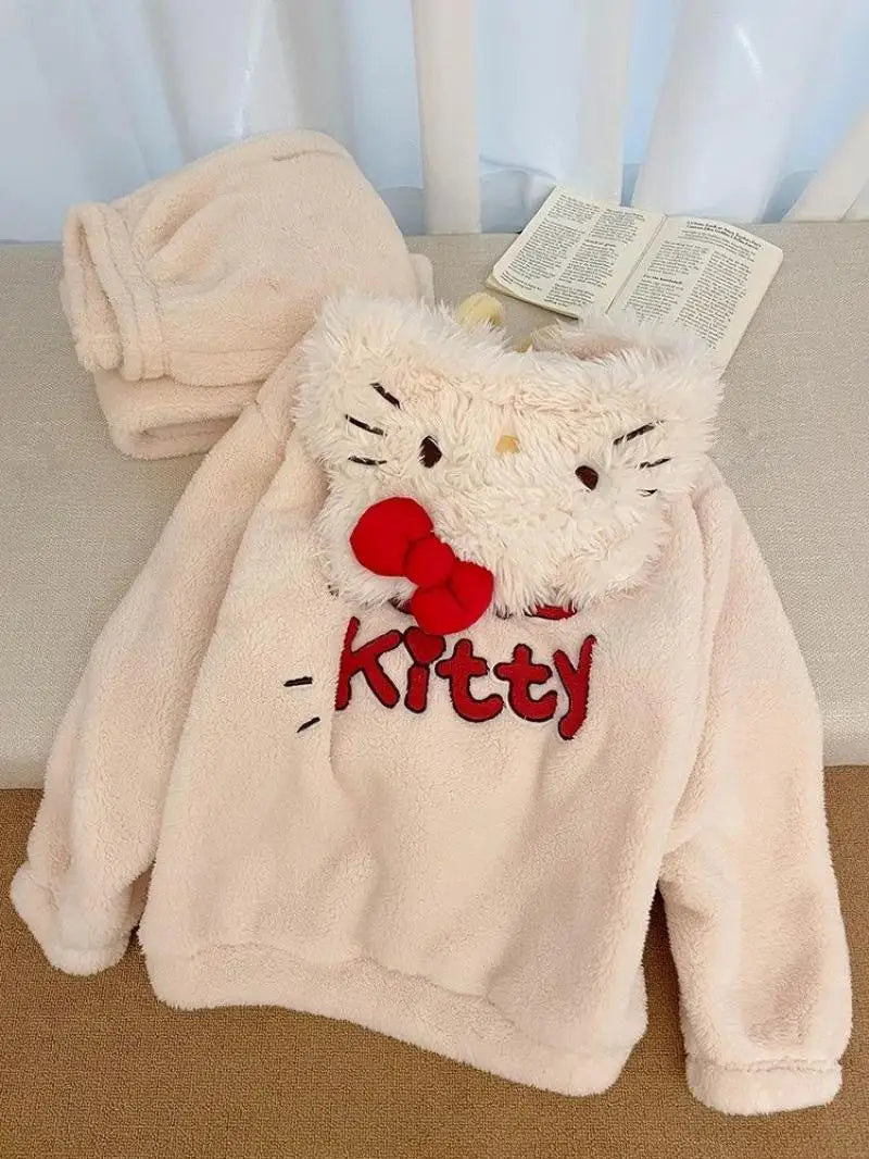 Hot Kawaii Hello Kitty Pajamas 2Pcs Girls Pants Autumn Winter Cute Loose Tops Long Sleeves Plus Velvet Soft Casual Home Wear Set