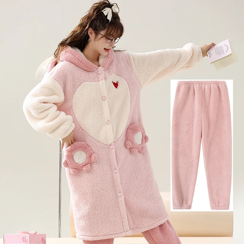 Kawaii Hello Kitty Hooded Pajamas Pajamas Girls Autumn Winter Long-Sleeved Tops Sanrio Thickened Bathrobe Casual Home Wear Set