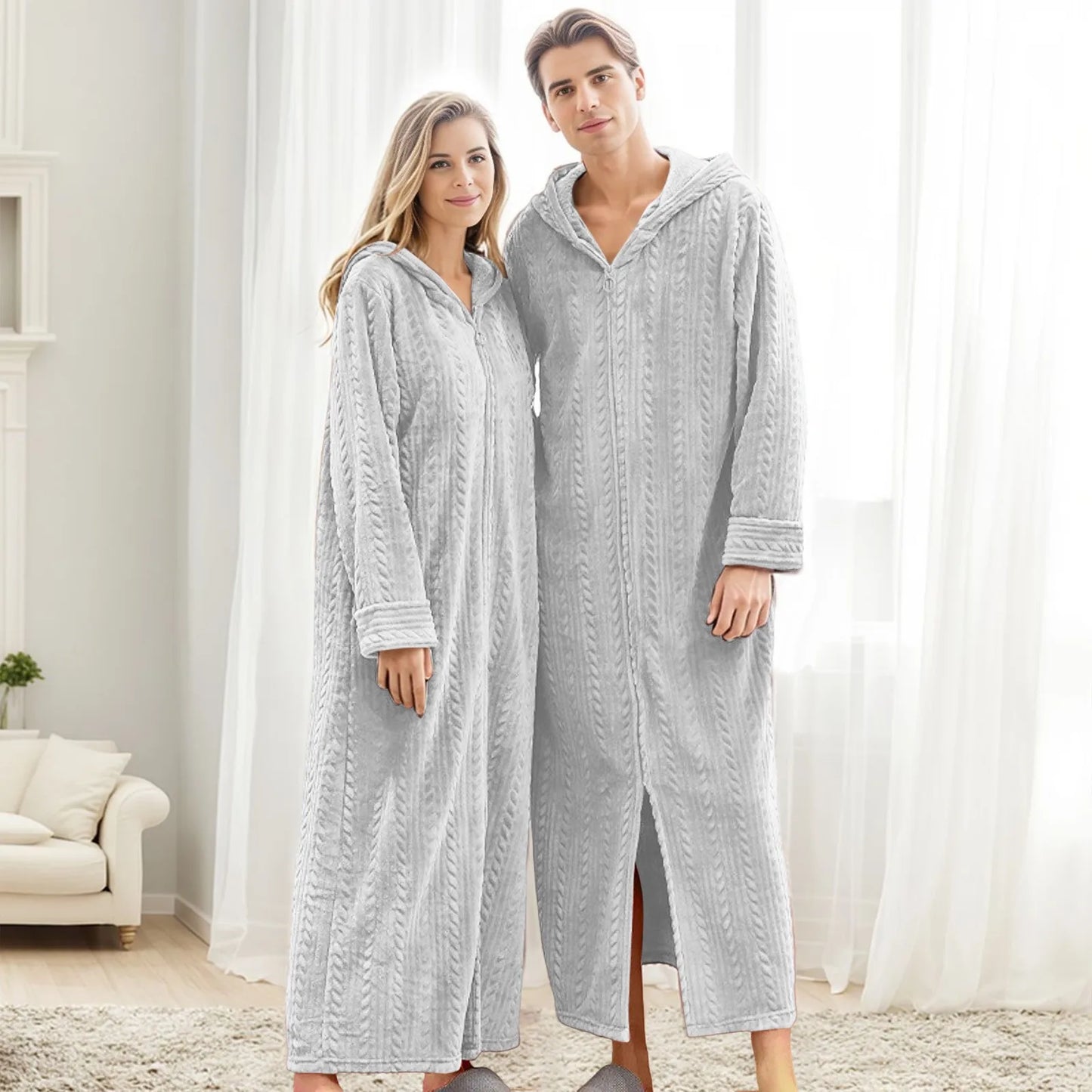 Long Hooded Zipper Bathrobe For Lovers Flannel Fleece Robes Winter Warm Housecoat Nightgown Family Christmas Pajama Pants