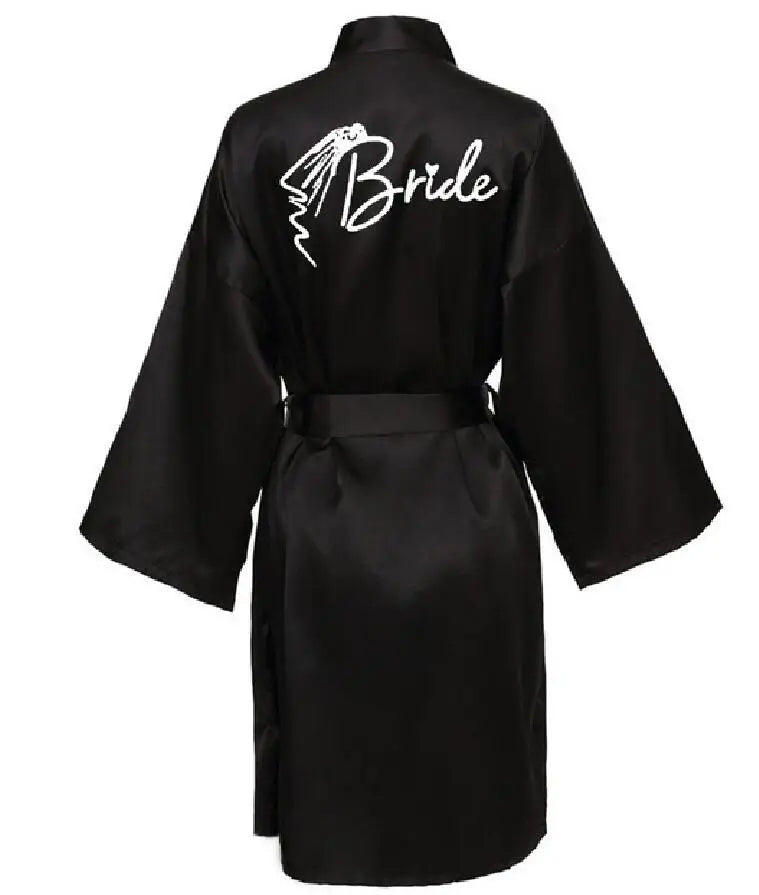 Wedding Party Team Bride Robe With Black Letters Kimono Satin Pajamas Bridesmaid Bathrobe SP036