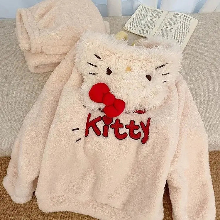 Hot Kawaii Hello Kitty Pajamas 2Pcs Girls Pants Autumn Winter Cute Loose Tops Long Sleeves Plus Velvet Soft Casual Home Wear Set