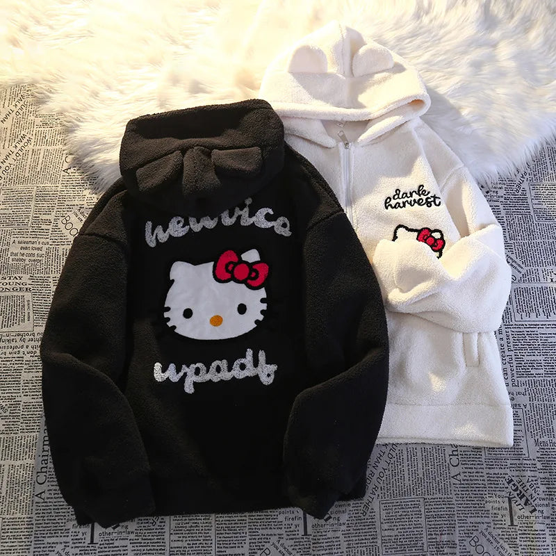 Hot Kawaii Sanrio Hellokitty Hooded Zipper Cardigan Girls Sweatshirt Autumn Winter Thickened Warm Cute Cartoon Loose Casual Tops