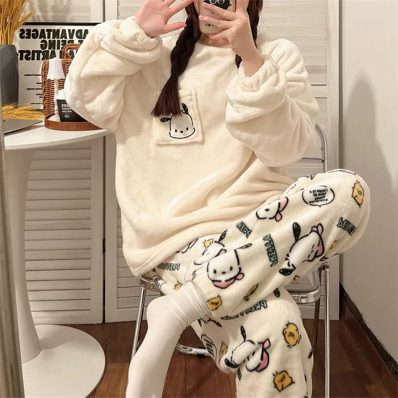 Hot Kawaii Hellokitty Autumn Winter Pajamas Girl My Melody Long-Sleeved Trousers Sweatshirt Sweet Couple Warm Home Clothes Set