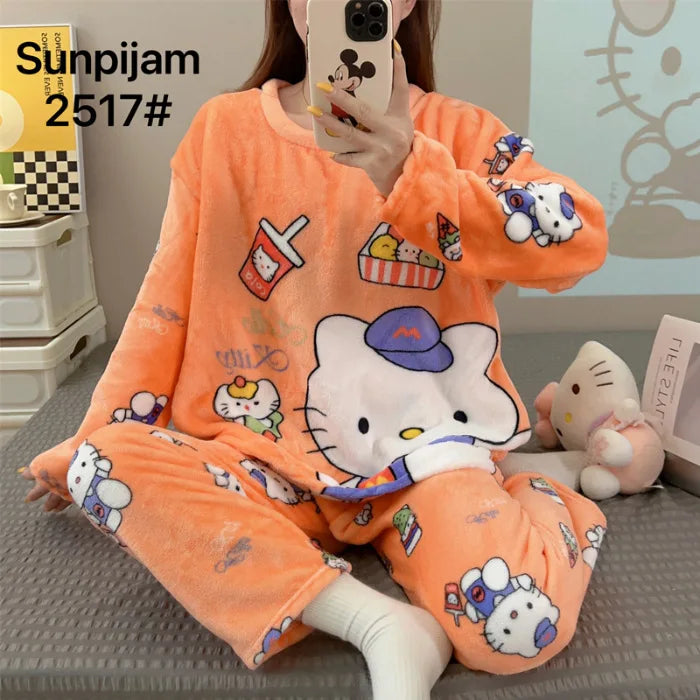 Hot Kawaii Hello Kitty Coral Velvet Pajamas Long-Sleeved Y2K Sanrio Tops Girls Pajama Pants Cute Cotton Jacket Casual Home Wear