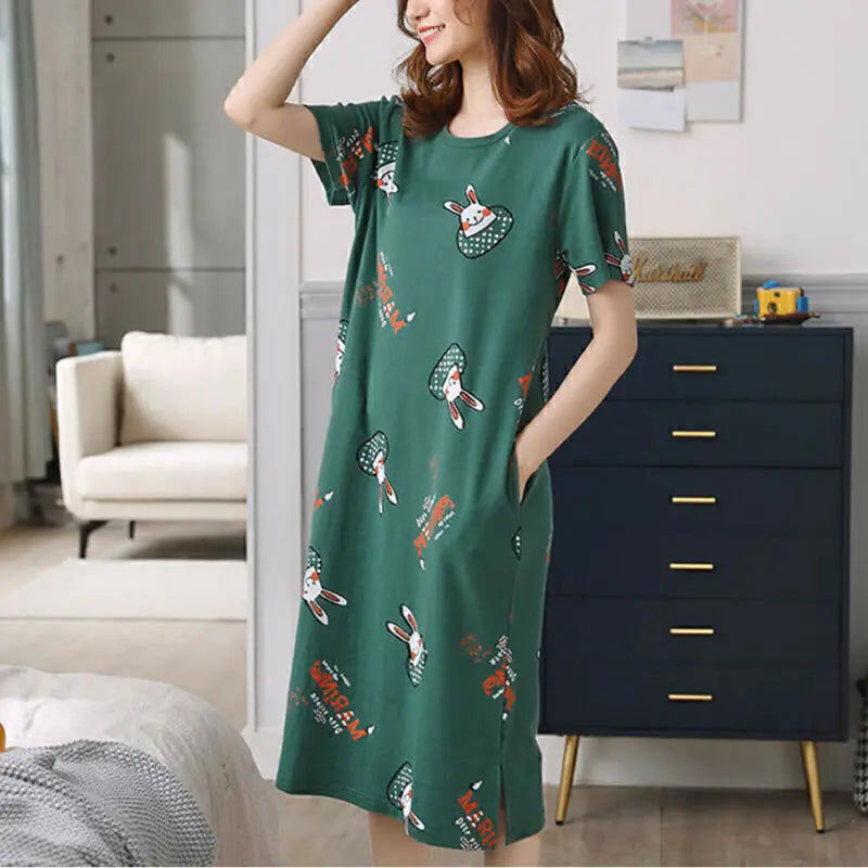 New Womens Nightshirt Night Dress Cartoon Sleepwear Ladies Short Sleeve Soft Comfortable Nightwear Print Pyjama Dress