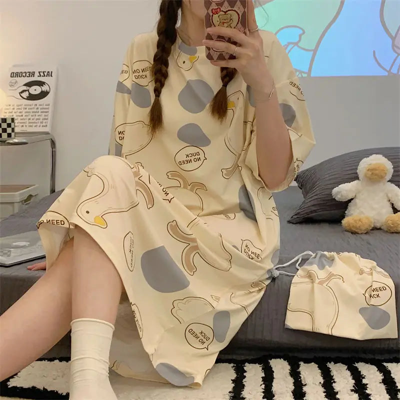 Plus Oversize Women Pajamas Dress Female Loose Cartoon Print Long Sleep Shirt Girls Thin Summer Home Clothing Can Be Wear Out