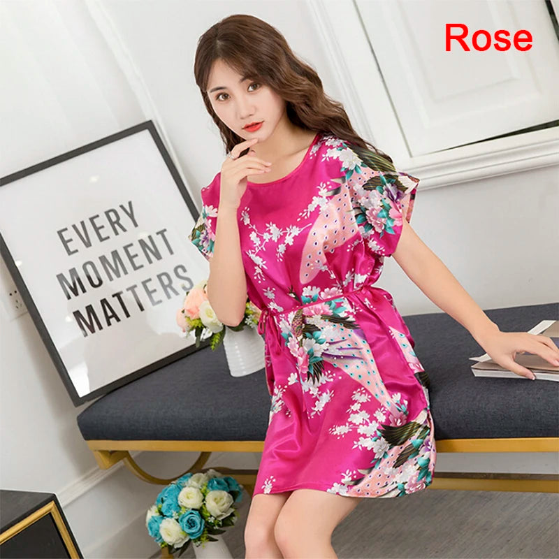 Women Short Sleeve Satin Sleepwear Silk Nightgown Nightdress Women Night Dress Ladies Fuax Silk Robes Nightwear