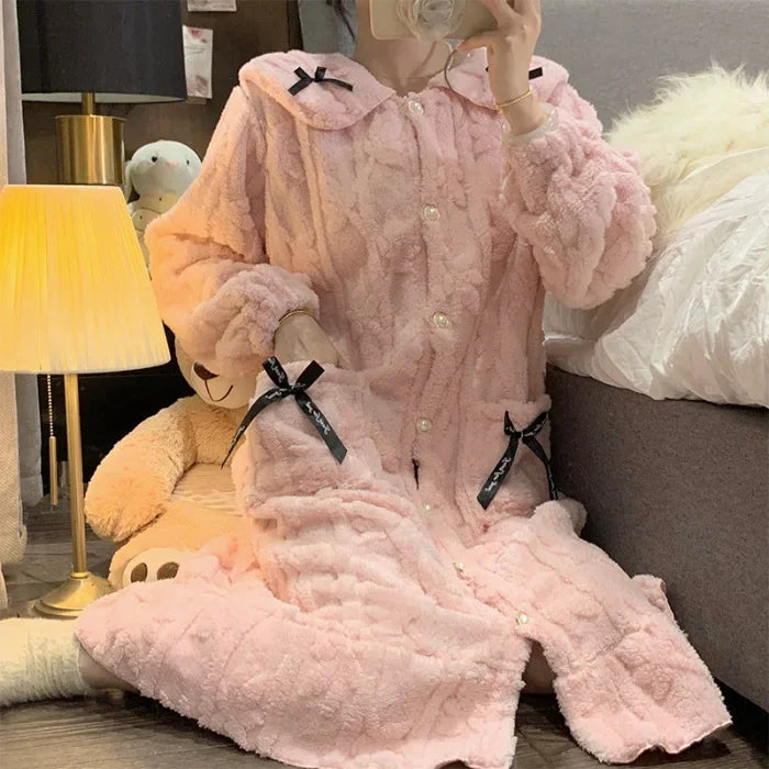 Plus Size Winter Warm Sleepwear Women Flannel Coral Fleece-Lined Robe  Long Sleeve Thickened Home Clothes Bow Cute Long Cardigan