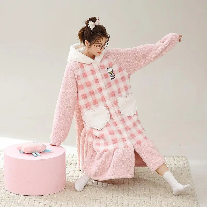 Kawaii Hello Kitty Hooded Pajamas Pajamas Girls Autumn Winter Long-Sleeved Tops Sanrio Thickened Bathrobe Casual Home Wear Set