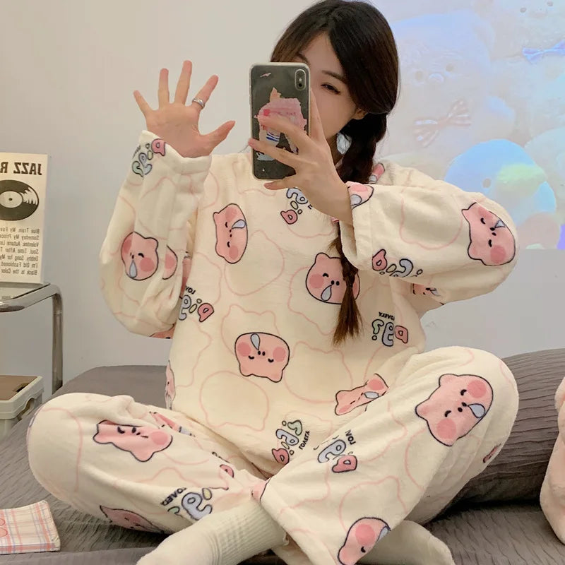 Hot Kawaii Hello Kitty Pajamas Long-Sleeved Tops Girls Cartoon Flannel Pajamas Sweet Cute Plush Casual Home Wear Set Trousers