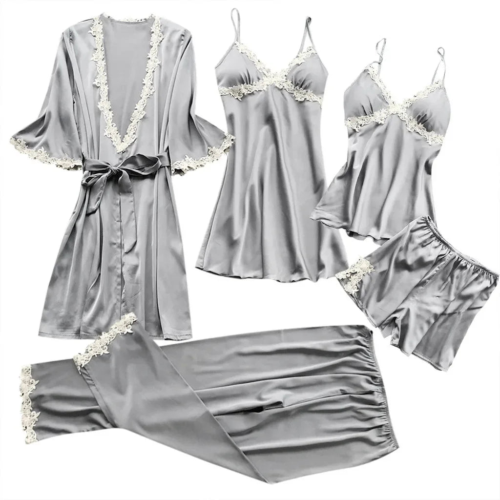 2024 Sexy Five-Piece Pajamas Women's Summer Half Sleeve Bridal Gown Plus Size Homewear Nightgown Bathrobe European and American