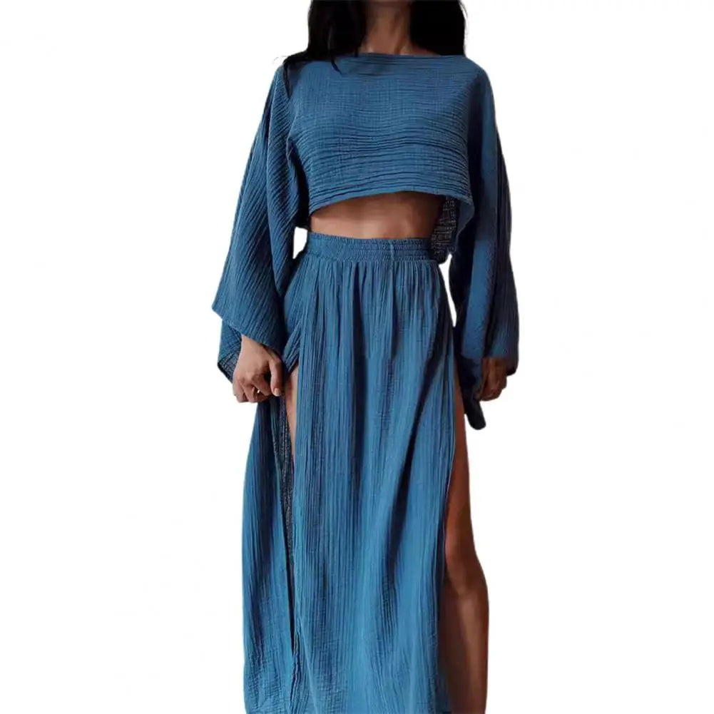 2 Pcs/Set Women Crop Top Skirt Set Long Sleeve Slant Neck Short Top High Waist Split Skirt Solid Color Club Party Top Skirts Set