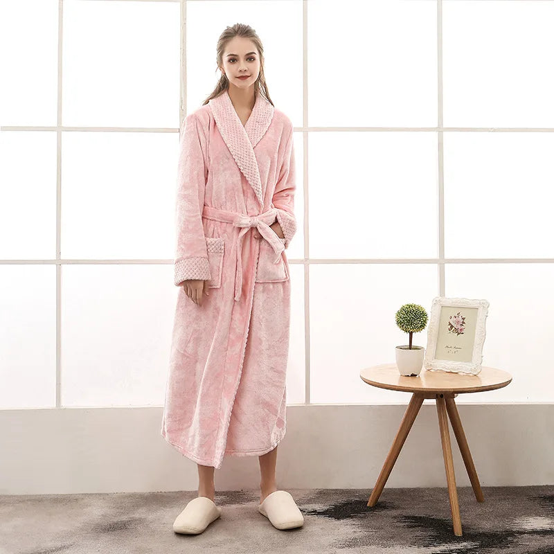 Night Dress Women Bathrobe Flannel Robe Women's Winter Lengthened Coralline Plush Shawl Bathrobe Long Sleeved Warm Bath Robe Men