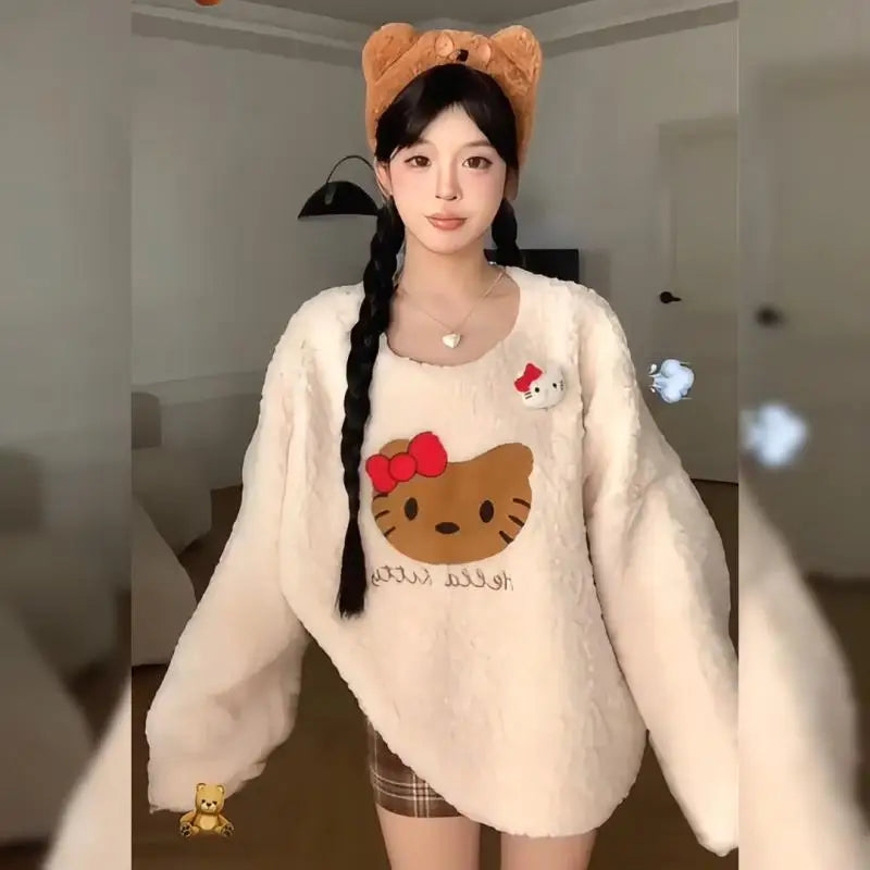 Hot Kawaii Hello Kitty Autumn and Winter Sweater Girl Cute Sweet Imitation Fur Cartoon Sweatshirt Couple Casual Sweater Jacket