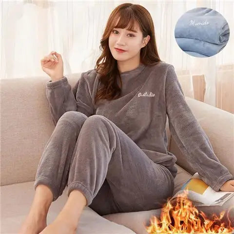 2022 Winter Pyjamas Warm Flannel Women Thick Leisure Wear Simplicit Coral Velvet Long Sleeve Solid Sleepwear Pajamas Set