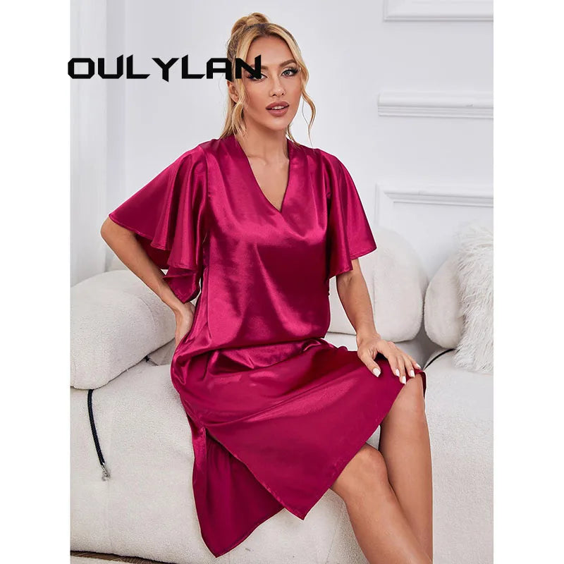 Loose Casual Sexy Home Wear Dress Sexy Nightgown Women Sleep Dress Summer High-end Thin Ice Silk Pajamas