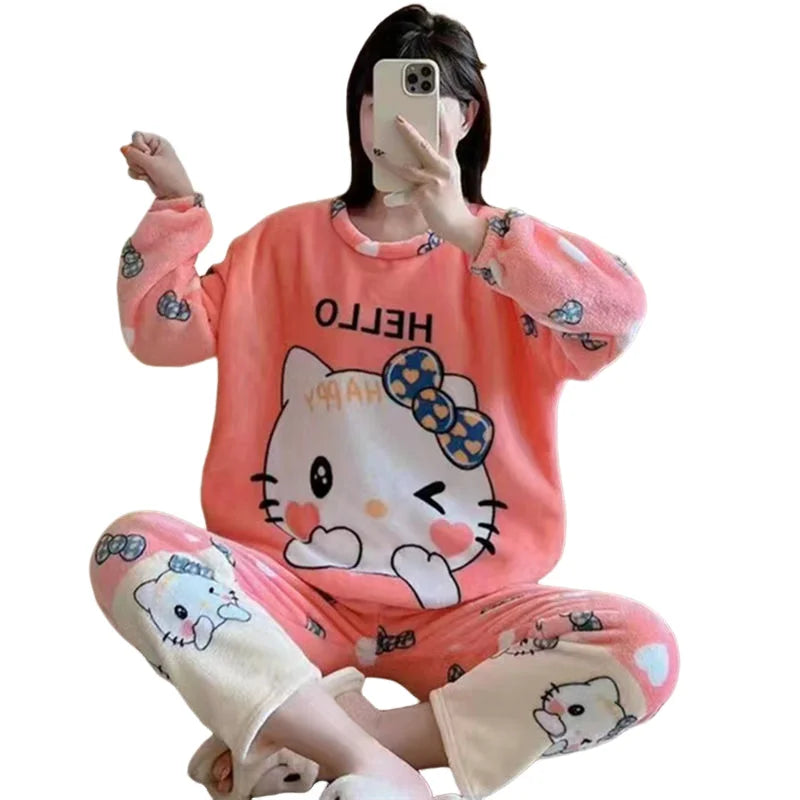 Hot Kawaii Hello Kitty Coral Velvet Pajamas Long-Sleeved Y2K Sanrio Tops Girls Pajama Pants Cute Cotton Jacket Casual Home Wear