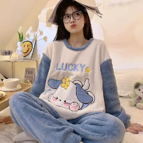 Hot Kawaii Hello Kitty Autumn Winter Pajamas Long-Sleeved Tops Sanrio Girls Flannel Pajamas Cute Cartoon Casual Home Clothes Set