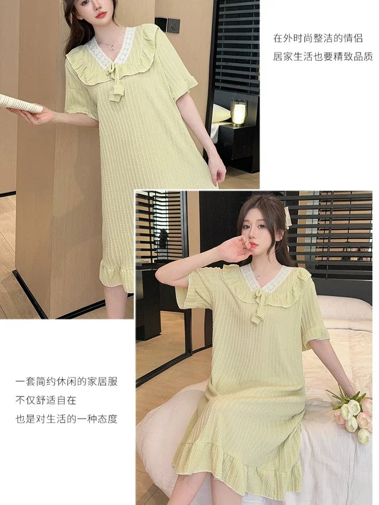 5XL Plus Size Short Sleeve Nightgown Women Japanese Ins Style Pajamas Cotton Homewear Summer Solid Loose Home Dress Sleepwear