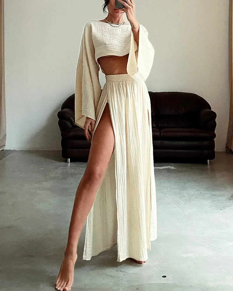 Casual Solid Cotton Linen 2 Piece Sets Spring O Neck Crop Top High Waist Slit Women Skirt Outfit Summer Flare Sleeve Hollow Suit