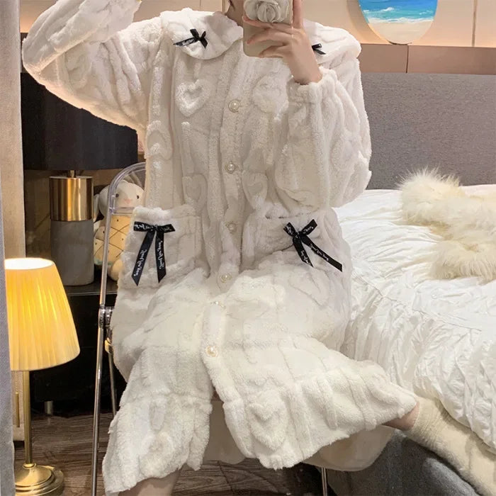 Plus Size Winter Warm Sleepwear Women Flannel Coral Fleece-Lined Robe  Long Sleeve Thickened Home Clothes Bow Cute Long Cardigan