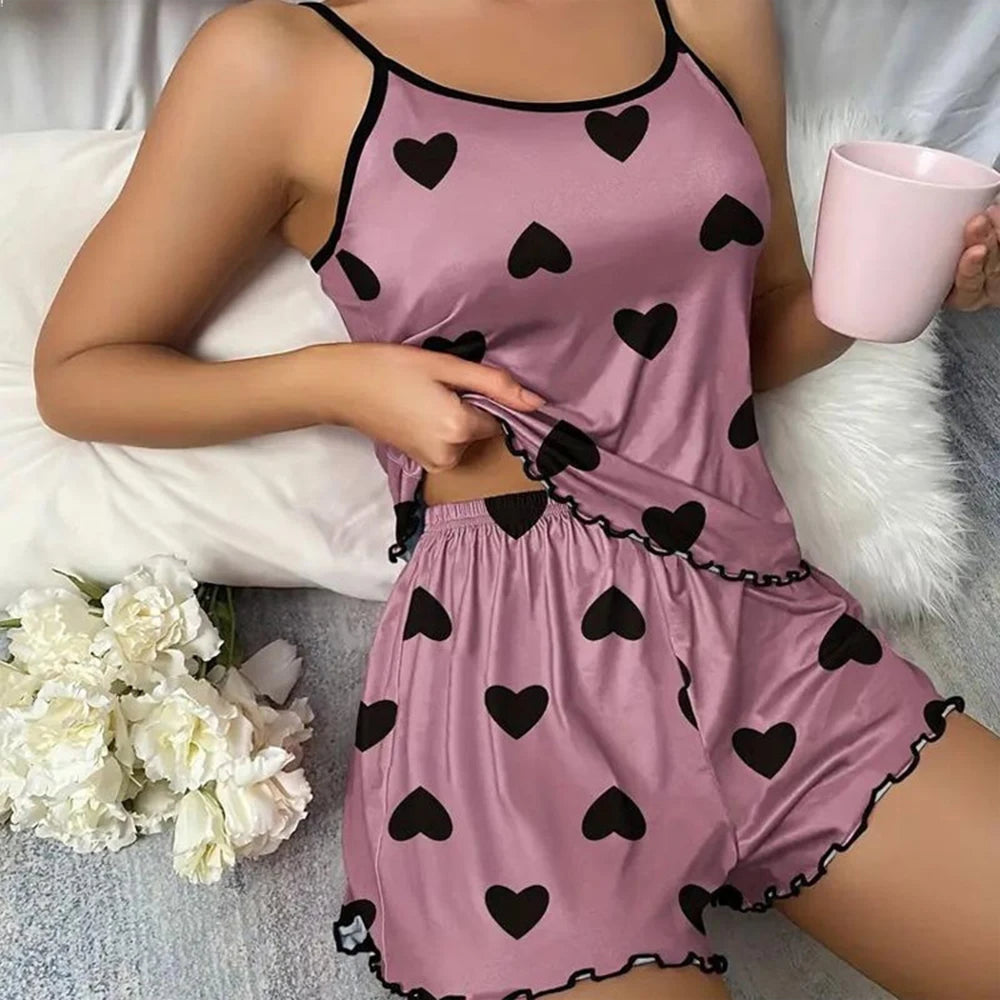 Two-Piece Suit Women Pajamas Sleepwear Pajama Set Camisole Shorts Pink Blue Heart Print Ice Silk Comfortable Casual Homewear