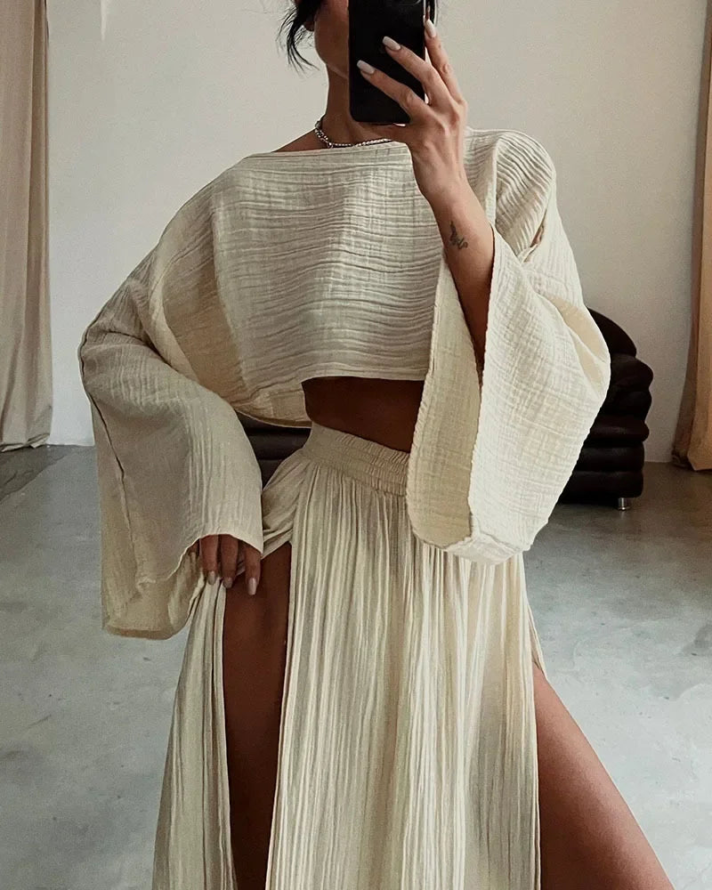 Casual Solid Cotton Linen 2 Piece Sets Spring O Neck Crop Top High Waist Slit Women Skirt Outfit Summer Flare Sleeve Hollow Suit