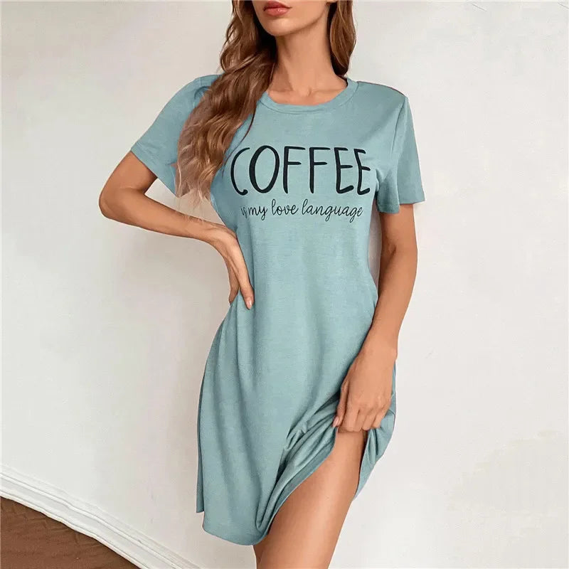 Summer Sexy Sleepwear Casual Night Dress Women O-neck Short Sleeve Lingerie Letter Print Nighties Nightdress Nightwear Homewear