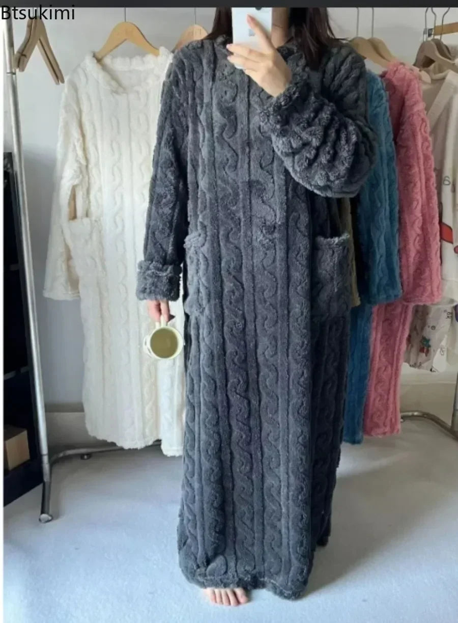 2025New Winter Warm Flannel O-Neck Long Sleeve Dress Casual Oversize Sleepwear Loose Thick Long Dress Lady Pajamas Chic Homewear